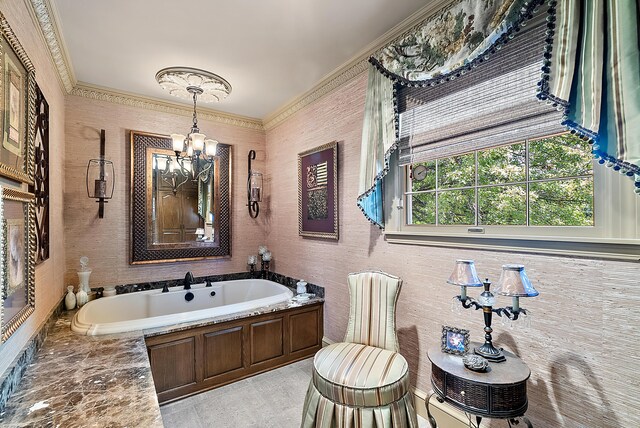 6130 Eidson Rd, Saint Joseph, MI 49085 - full bathroom featuring a chandelier, a garden tub, and crown molding