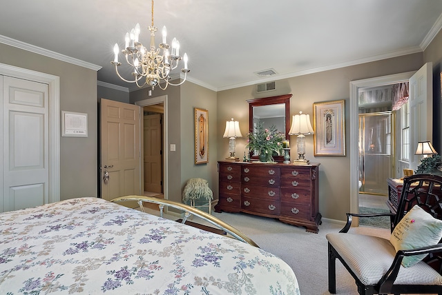 6130 Eidson Rd, Saint Joseph, MI 49085 - bedroom with carpet flooring, a chandelier, ornamental molding, and baseboards