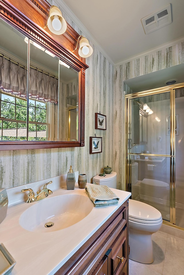 6130 Eidson Rd, Saint Joseph, MI 49085 - full bathroom featuring toilet, vanity, tile patterned floors, wallpapered walls, and a stall shower