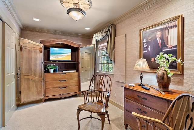 6130 Eidson Rd, Saint Joseph, MI 49085 - living area with ornamental molding, baseboards, and carpet flooring
