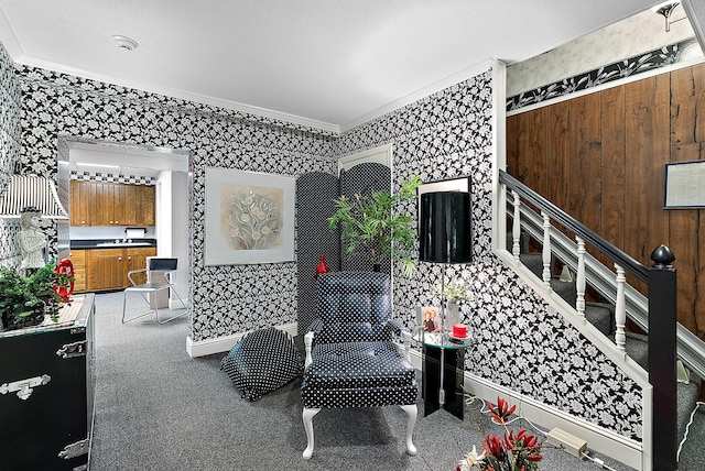 6130 Eidson Rd, Saint Joseph, MI 49085 - living area featuring wallpapered walls, crown molding, stairway, and carpet
