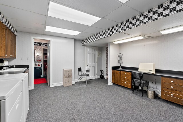 6130 Eidson Rd, Saint Joseph, MI 49085 - office featuring a sink, a paneled ceiling, dark colored carpet, baseboards, and washer and clothes dryer