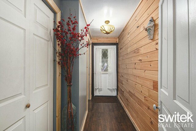 14194 Hicks Lake Rd, Evart, MI 49631 - entryway featuring baseboards, dark wood-type flooring, and wooden walls