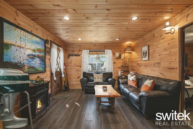 14194 Hicks Lake Rd, Evart, MI 49631 - living room featuring wood ceiling, wood finished floors, wooden walls, and recessed lighting