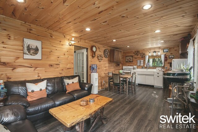 14194 Hicks Lake Rd, Evart, MI 49631 - living room featuring wooden walls, wooden ceiling, dark wood-style floors, and recessed lighting