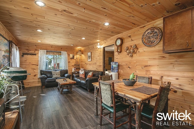 14194 Hicks Lake Rd, Evart, MI 49631 - dining space with wood ceiling, wooden walls, recessed lighting, and dark wood-type flooring