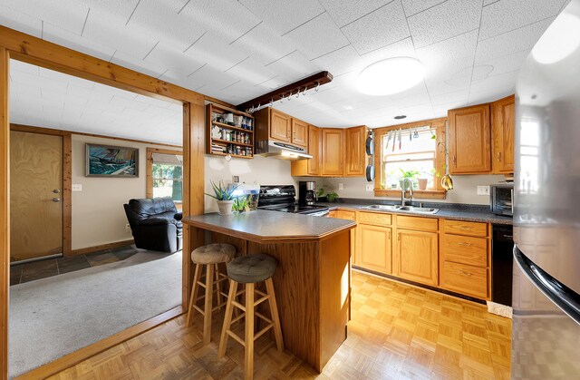 306 Eubank St, Novi, MI 48377 - kitchen with a sink, freestanding refrigerator, black range oven, a kitchen bar, and dark countertops