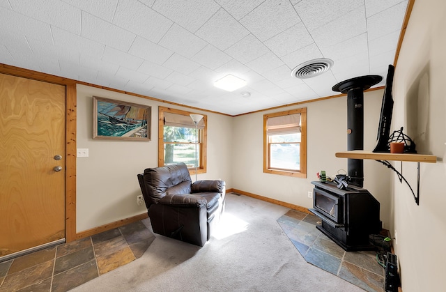 306 Eubank St, Novi, MI 48377 - sitting room with a wood stove and baseboards