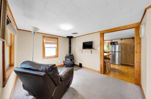 306 Eubank St, Novi, MI 48377 - carpeted living room with a wood stove, baseboards, and ornamental molding