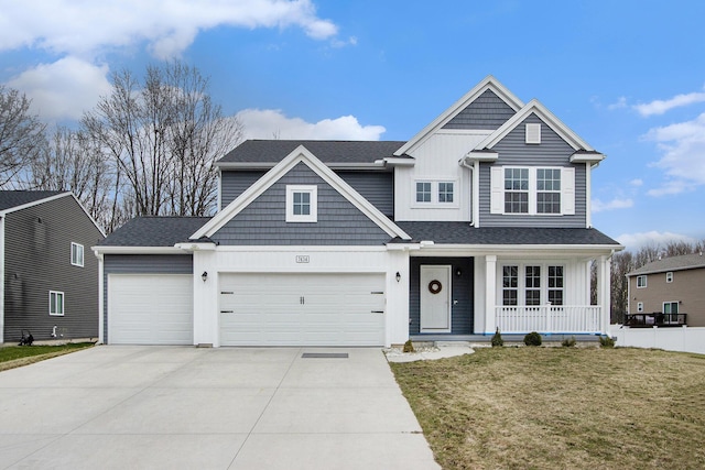 7434 Bramling Dr SE, Caledonia, MI 49316 - view of front of house with a porch, roof with shingles, a front lawn, an attached garage, and concrete driveway