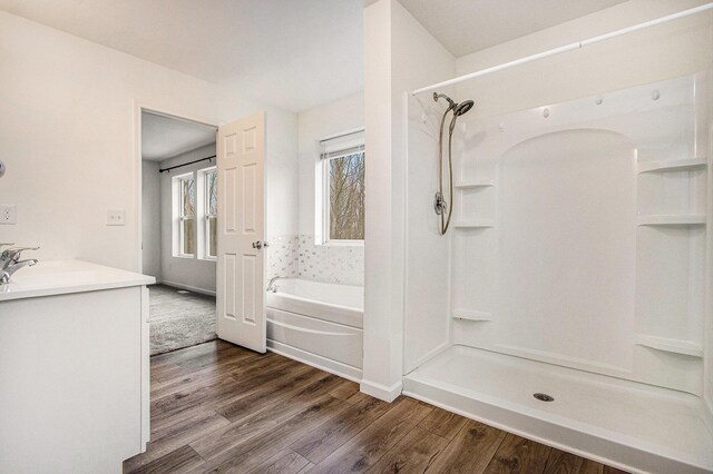 7434 Bramling Dr SE, Caledonia, MI 49316 - bathroom with walk in shower, a sink, and wood finished floors