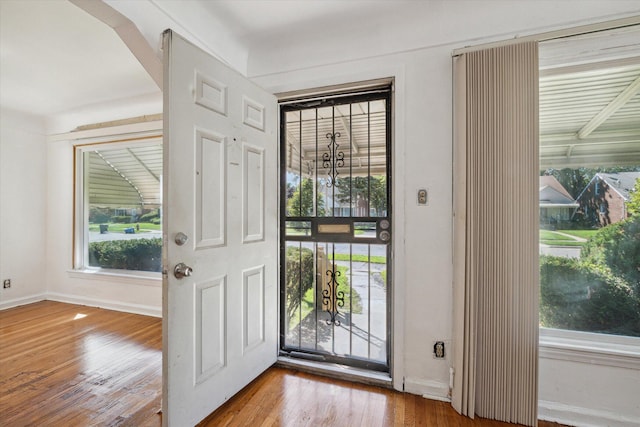 foyer entrance featuring baseboards and wood finished floors