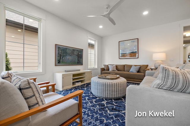 living room with recessed lighting and ceiling fan