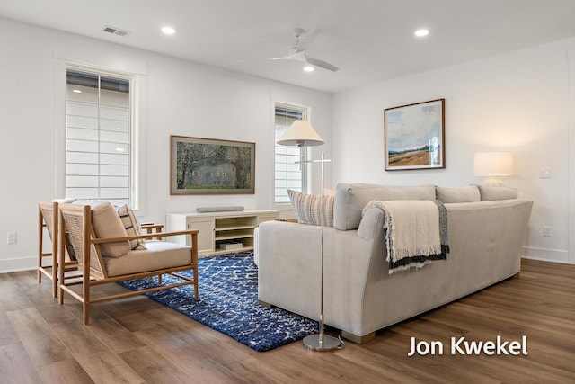 living room featuring recessed lighting, visible vents, ceiling fan, and wood finished floors