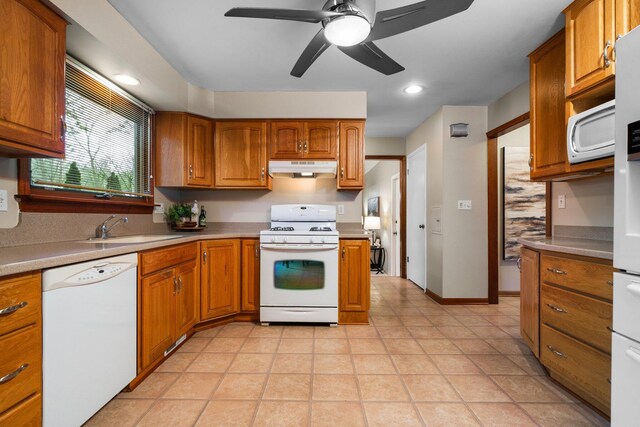 1569 Sheffield Dr, Ypsilanti, MI 48198 - kitchen with white appliances, a sink, brown cabinetry, ceiling fan, and recessed lighting