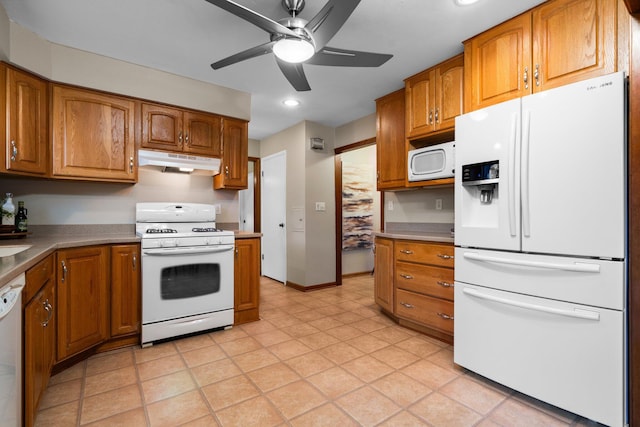 1569 Sheffield Dr, Ypsilanti, MI 48198 - kitchen with white appliances, under cabinet range hood, brown cabinets, a ceiling fan, and recessed lighting