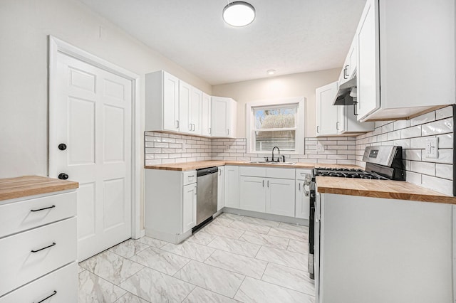 kitchen featuring a sink, under cabinet range hood, wood counters, stainless steel appliances, and marble finish floor