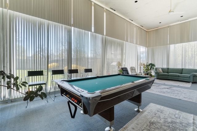 rec room with carpet floors, pool table, and visible vents