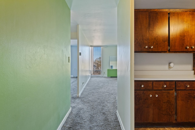 hall featuring carpet floors and baseboards