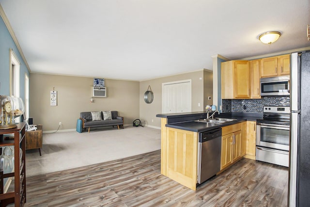 15330 Krueger St Unit 19, Spring Lake, MI 49456 - kitchen featuring dark countertops, a sink, stainless steel appliances, open floor plan, and light brown cabinets
