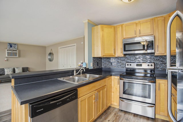 15330 Krueger St Unit 19, Spring Lake, MI 49456 - kitchen with a peninsula, dark countertops, appliances with stainless steel finishes, a sink, and wood finished floors