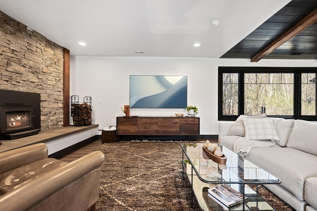 9442 Community Hall Rd, Union Pier, MI 49129 - living room with a stone fireplace, baseboards, recessed lighting, and wood finished floors