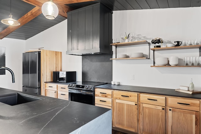 9442 Community Hall Rd, Union Pier, MI 49129 - kitchen with freestanding refrigerator, black microwave, stainless steel electric range oven, open shelves, and premium range hood