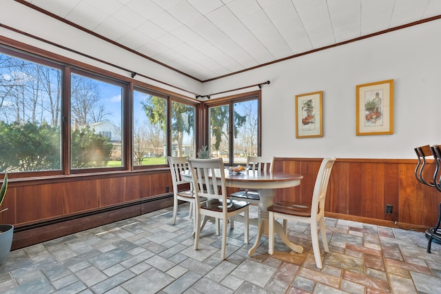 551 W Bridge St, Plainwell, MI 49080 - dining room with baseboard heating, ornamental molding, wooden walls, a wainscoted wall, and stone finish floor