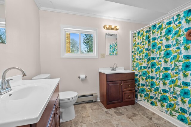 551 W Bridge St, Plainwell, MI 49080 - bathroom with vanity, a shower with curtain, crown molding, toilet, and a baseboard radiator