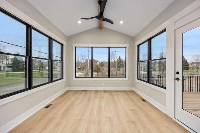 7701 Fase St SE Lot 15, Ada, MI 49301 - unfurnished sunroom with baseboards, lofted ceiling with beams, wood finished floors, and visible vents