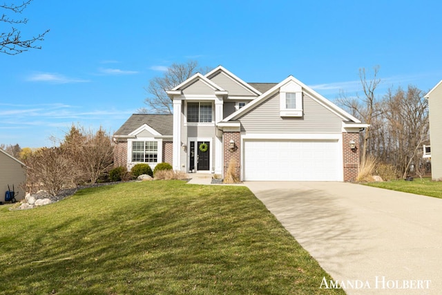 traditional-style house featuring a garage, a front yard, brick siding, and driveway