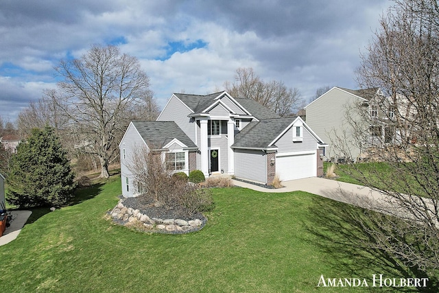 view of front facade with concrete driveway, a front yard, brick siding, and a garage