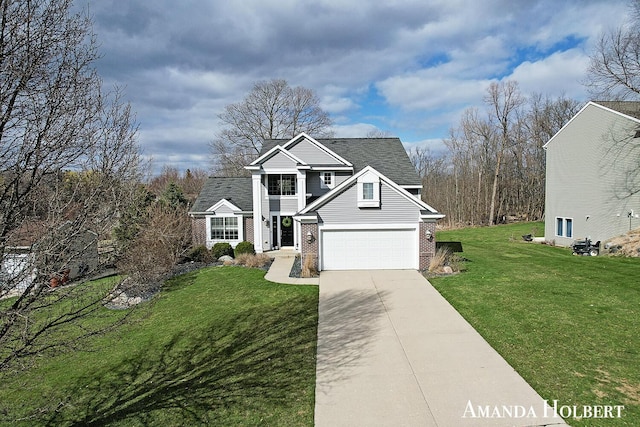 traditional home with driveway, a garage, a front lawn, and brick siding