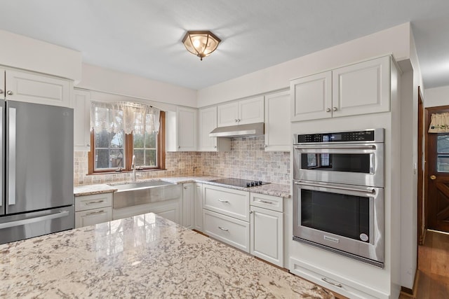 4675 Treat Hwy, Adrian, MI 49221 - kitchen with decorative backsplash, under cabinet range hood, light stone counters, and stainless steel appliances
