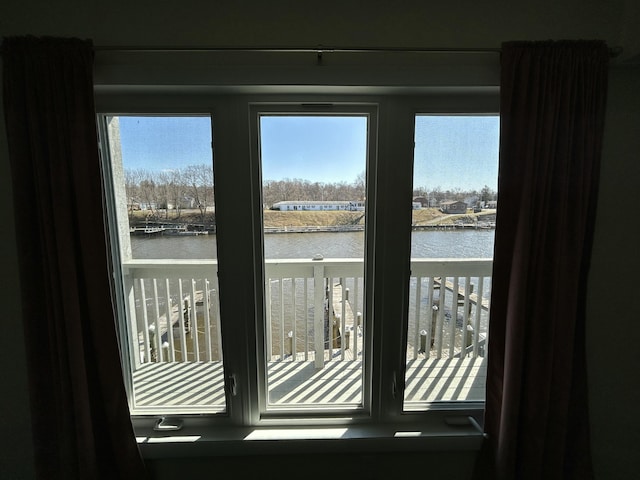 interior space with a water view