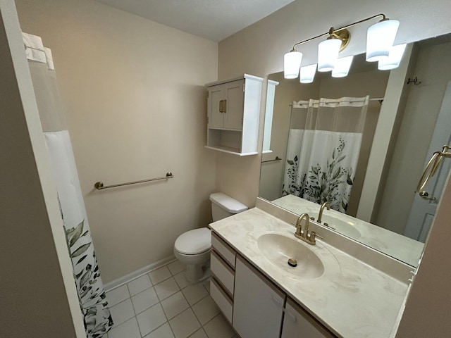 bathroom with baseboards, curtained shower, toilet, vanity, and tile patterned flooring