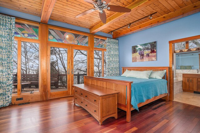 6993 S Lakeshore Dr, Pentwater, MI 49449 - bedroom with track lighting, wood ceiling, multiple windows, beam ceiling, and hardwood / wood-style flooring