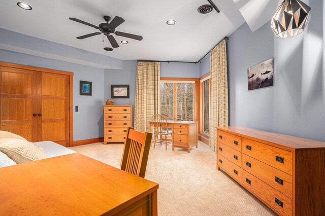 6993 S Lakeshore Dr, Pentwater, MI 49449 - bedroom with recessed lighting, visible vents, baseboards, light colored carpet, and ceiling fan