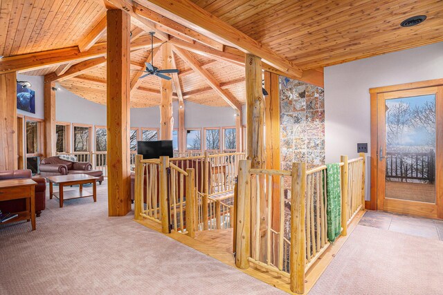 6993 S Lakeshore Dr, Pentwater, MI 49449 - hall with vaulted ceiling with beams, wooden ceiling, carpet flooring, and a wealth of natural light