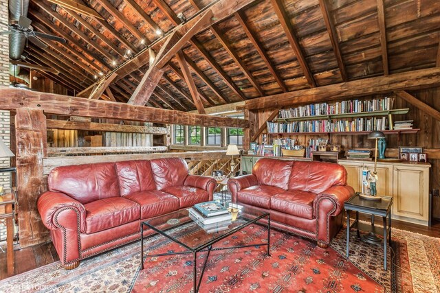 12801 Hills Rd, Buchanan, MI 49107 - living room with wood ceiling, beam ceiling, wood finished floors, high vaulted ceiling, and wooden walls