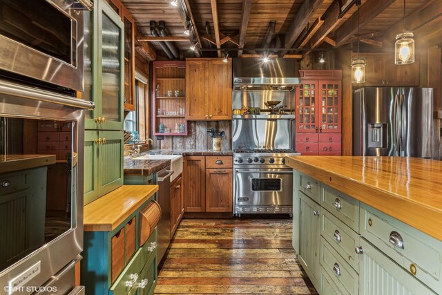 12801 Hills Rd, Buchanan, MI 49107 - kitchen featuring wooden ceiling, wood counters, green cabinetry, and appliances with stainless steel finishes