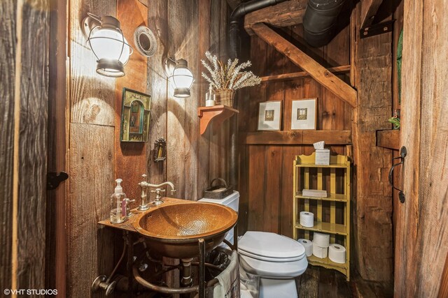12801 Hills Rd, Buchanan, MI 49107 - half bath featuring a sink, toilet, and wooden walls