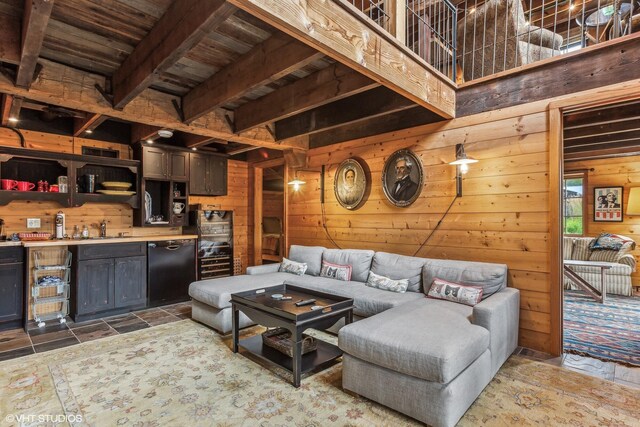 12801 Hills Rd, Buchanan, MI 49107 - living room with indoor wet bar, wood walls, wood ceiling, and beam ceiling