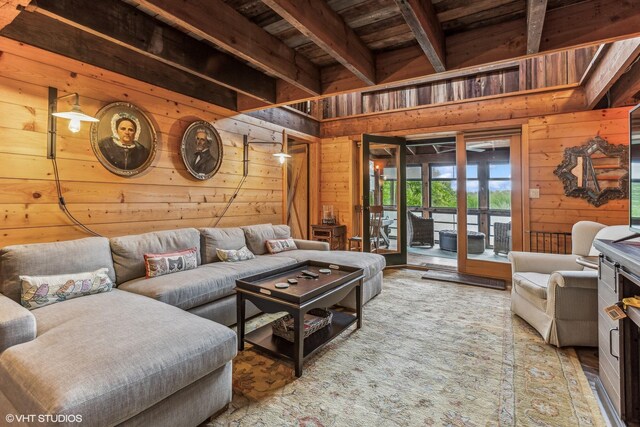 12801 Hills Rd, Buchanan, MI 49107 - living area with wooden ceiling, wood walls, and beam ceiling