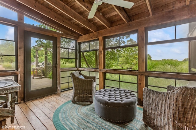 12801 Hills Rd, Buchanan, MI 49107 - sunroom / solarium with a ceiling fan, beamed ceiling, and a wealth of natural light
