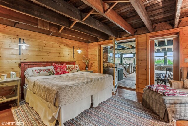 12801 Hills Rd, Buchanan, MI 49107 - bedroom with access to outside, wood walls, and beamed ceiling