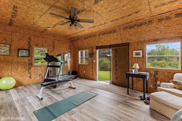 12801 Hills Rd, Buchanan, MI 49107 - exercise room with a ceiling fan, wood walls, and wood finished floors