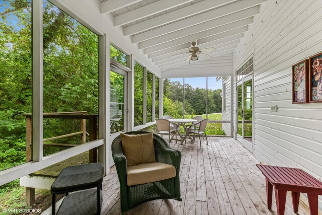 12801 Hills Rd, Buchanan, MI 49107 - sunroom featuring a ceiling fan and outdoor dining area