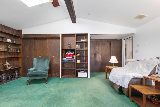 7190 Thornapple River Ct SE, Alto, MI 49302 - bedroom with visible vents, ceiling fan, vaulted ceiling with beams, and carpet