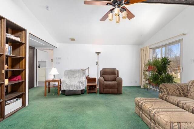 7190 Thornapple River Ct SE, Alto, MI 49302 - carpeted living room featuring washer / clothes dryer, visible vents, ceiling fan, and vaulted ceiling